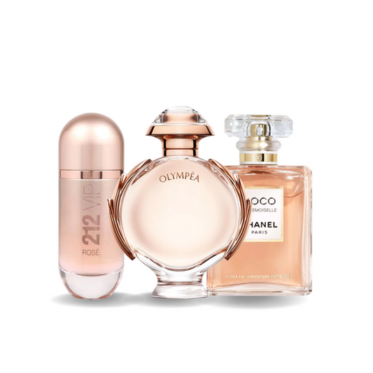 Conjunto de 3 perfumes Carolina Herrera 212 VIP ROSÉ, Paco Rabanne OLYMPEA 100ml , Chanel COCO MADEMOISELLE 100ml